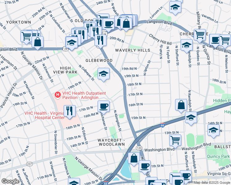 map of restaurants, bars, coffee shops, grocery stores, and more near 1722 North Glebe Road in Arlington