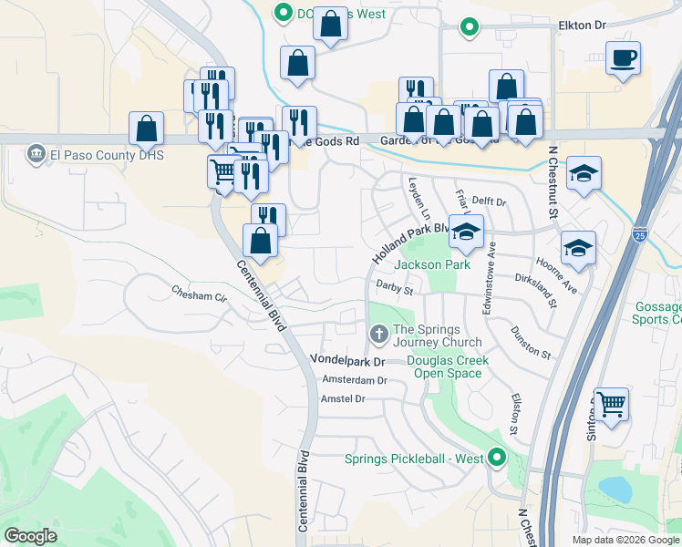 map of restaurants, bars, coffee shops, grocery stores, and more near 4127 Tulip Way in Colorado Springs