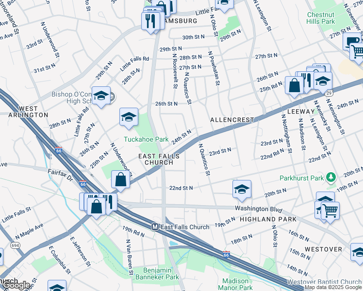 map of restaurants, bars, coffee shops, grocery stores, and more near 6401 Langston Boulevard in Arlington