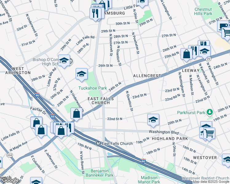 map of restaurants, bars, coffee shops, grocery stores, and more near 6401 Langston Boulevard in Arlington