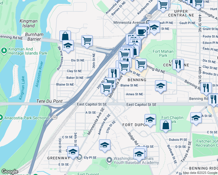 map of restaurants, bars, coffee shops, grocery stores, and more near 145 36th Street Northeast in Washington