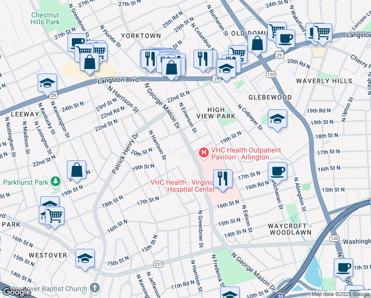 map of restaurants, bars, coffee shops, grocery stores, and more near 5152 19th Road North in Arlington