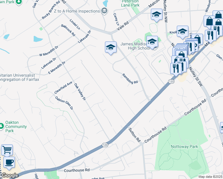 map of restaurants, bars, coffee shops, grocery stores, and more near 2598 Babcock Road in Vienna