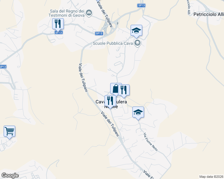 map of restaurants, bars, coffee shops, grocery stores, and more near 144 Viale Fiume Busento in Cava-cuculera Nobile