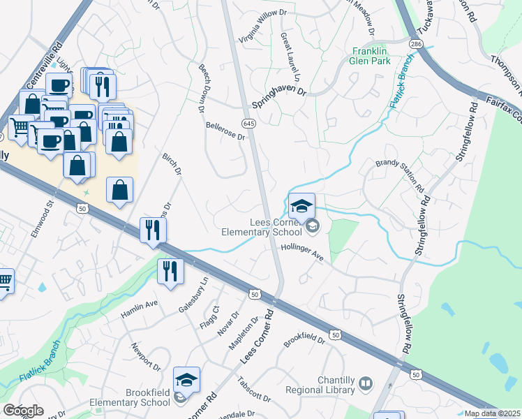 map of restaurants, bars, coffee shops, grocery stores, and more near 13501 King Charles Drive in Chantilly