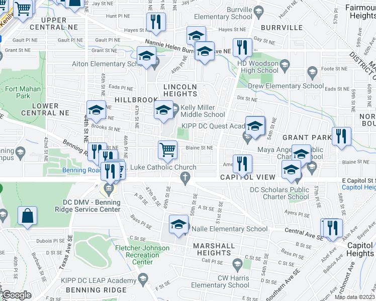 map of restaurants, bars, coffee shops, grocery stores, and more near 4945 Blaine Street Northeast in Washington