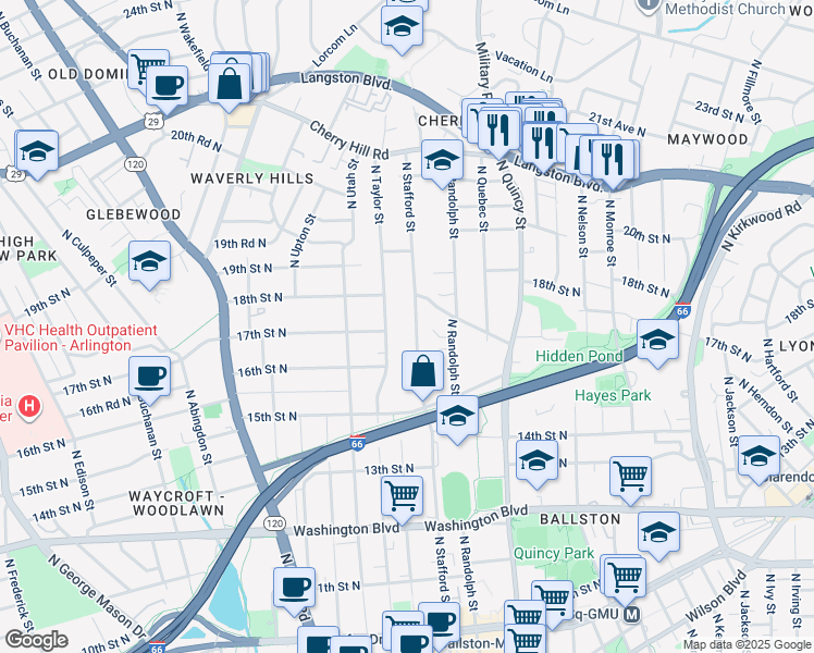 map of restaurants, bars, coffee shops, grocery stores, and more near 1700 North Stafford Street in Arlington