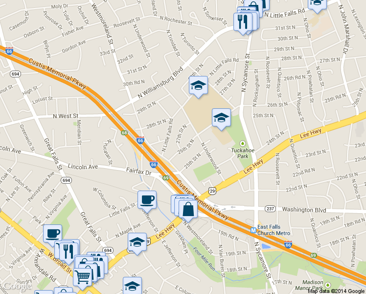 map of restaurants, bars, coffee shops, grocery stores, and more near 6733 26th Street North in Arlington