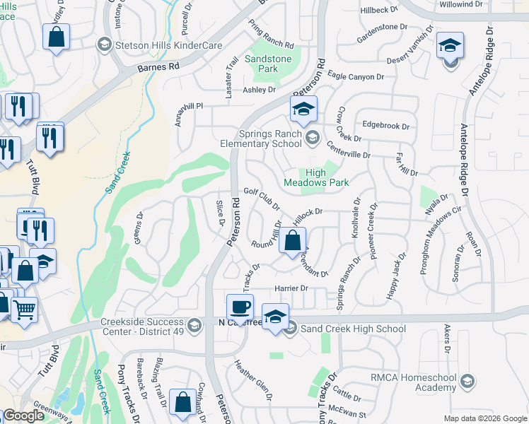 map of restaurants, bars, coffee shops, grocery stores, and more near 4423 Golf Club Drive in Colorado Springs