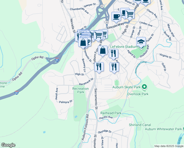 map of restaurants, bars, coffee shops, grocery stores, and more near 1345 High Street in Auburn