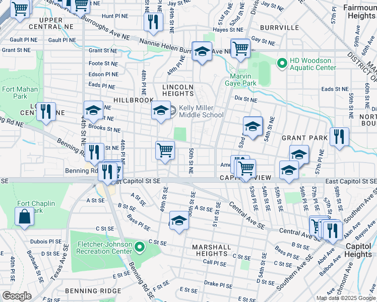 map of restaurants, bars, coffee shops, grocery stores, and more near 4951 Blaine Street Northeast in Washington