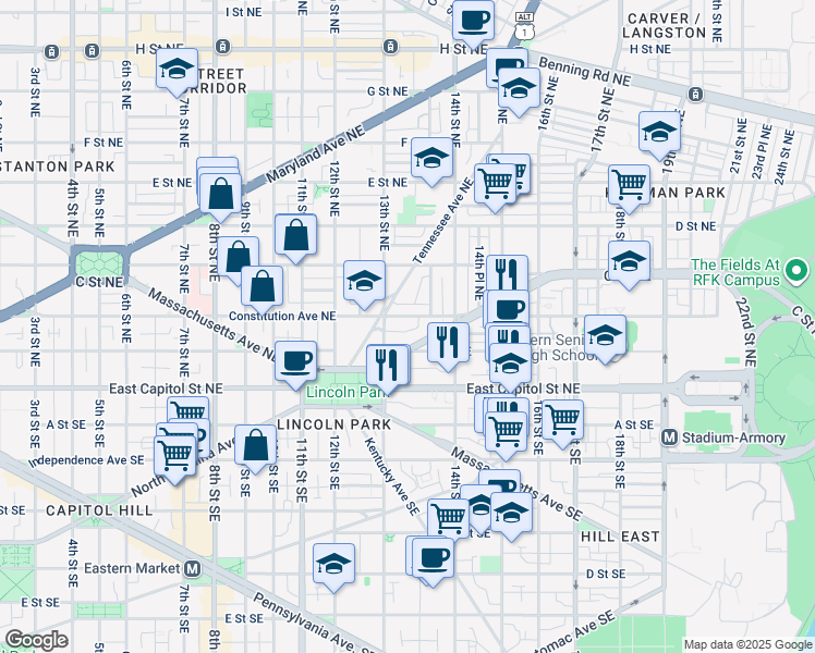 map of restaurants, bars, coffee shops, grocery stores, and more near 101 Independence Avenue Southeast in Washington