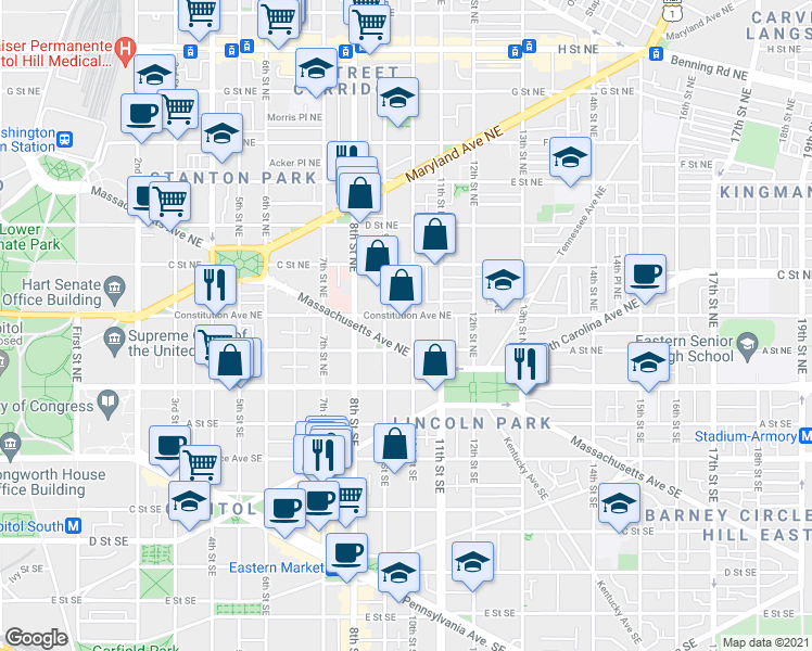 map of restaurants, bars, coffee shops, grocery stores, and more near 101 Independence Avenue Southeast in Washington