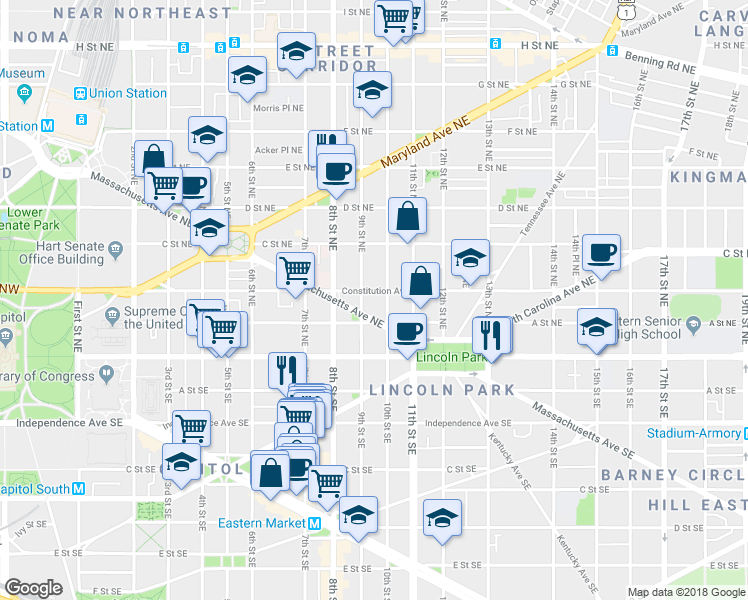 map of restaurants, bars, coffee shops, grocery stores, and more near 101 Independence Avenue Southeast in Washington
