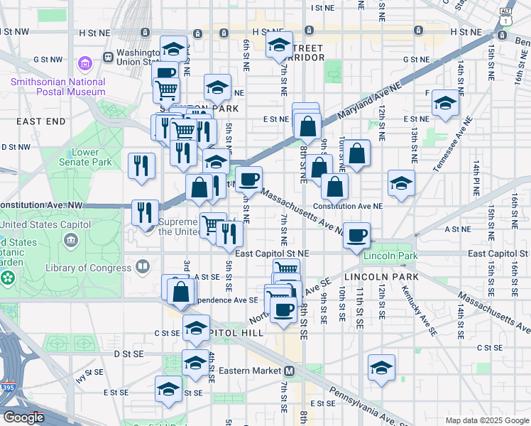 map of restaurants, bars, coffee shops, grocery stores, and more near 607 Constitution Avenue Northeast in Washington