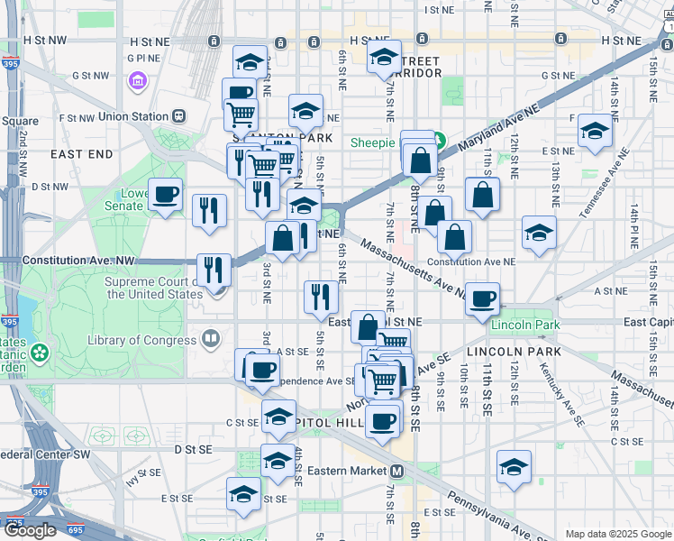 map of restaurants, bars, coffee shops, grocery stores, and more near 101 Independence Avenue Southeast in Washington