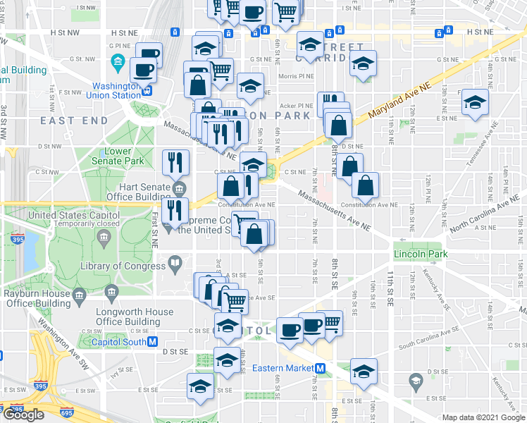 map of restaurants, bars, coffee shops, grocery stores, and more near 124 5th Street Northeast in Washington
