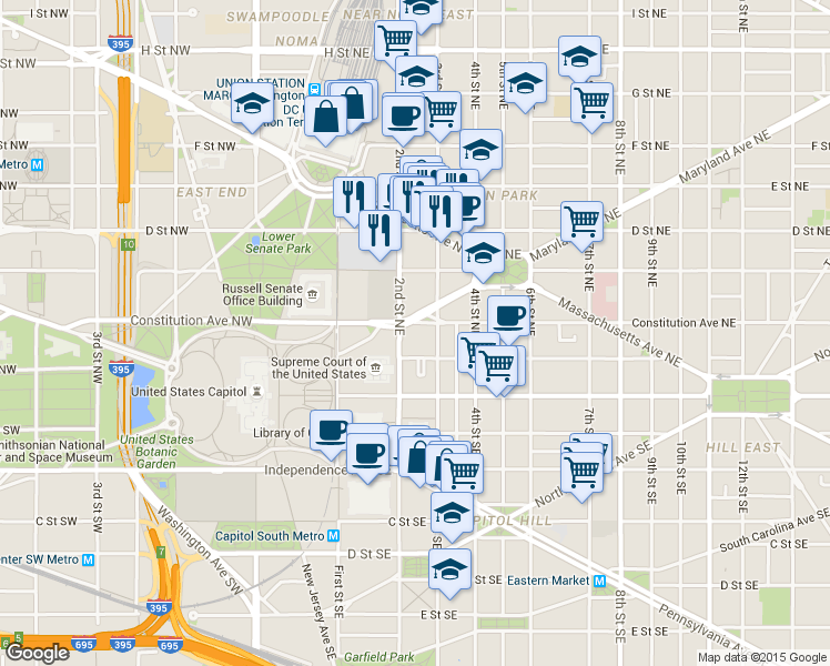 map of restaurants, bars, coffee shops, grocery stores, and more near 101 Independence Avenue Southeast in Washington