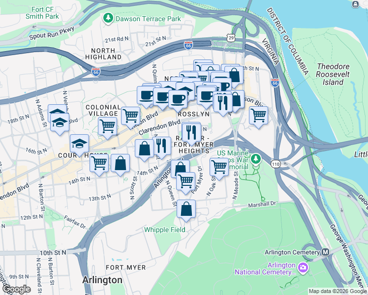 map of restaurants, bars, coffee shops, grocery stores, and more near 101 Independence Avenue Southeast in Washington