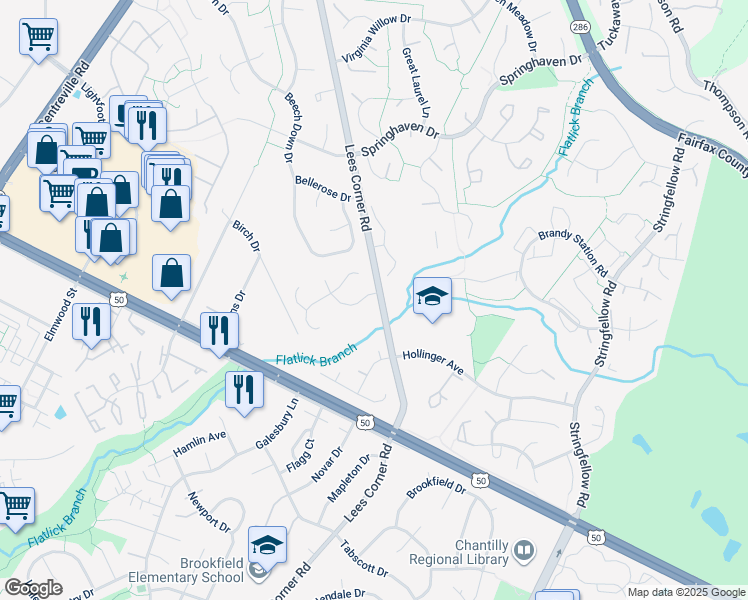 map of restaurants, bars, coffee shops, grocery stores, and more near 13501 King Charles Drive in Chantilly