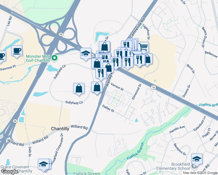 map of restaurants, bars, coffee shops, grocery stores, and more near 4105 Walney Road in Chantilly