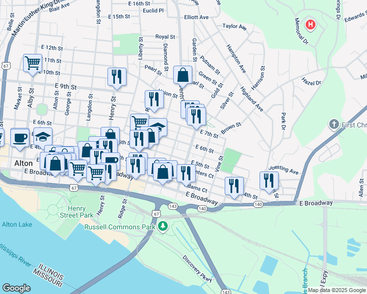 map of restaurants, bars, coffee shops, grocery stores, and more near 1000 East 6th Street in Alton
