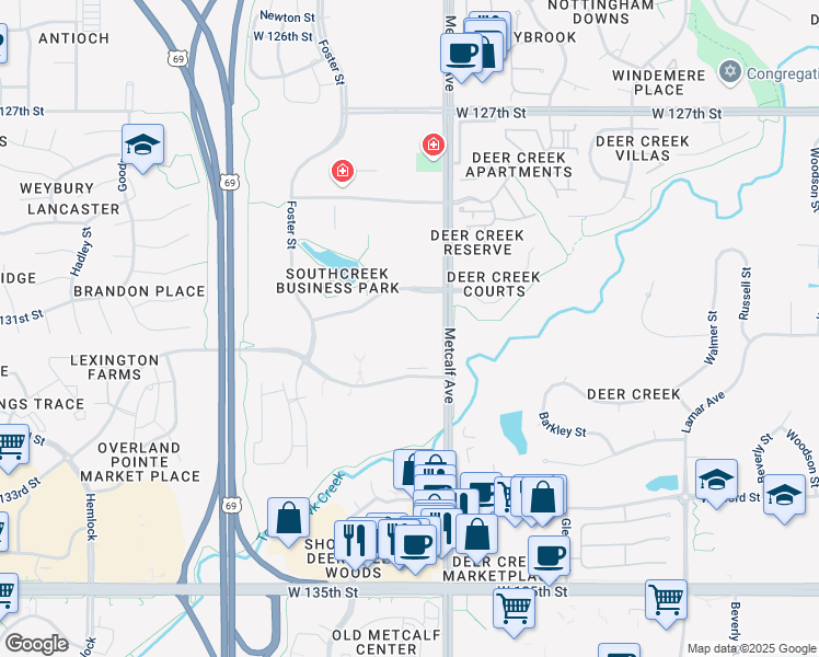 map of restaurants, bars, coffee shops, grocery stores, and more near 13060 Metcalf Avenue in Overland Park