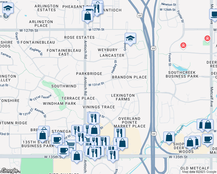 map of restaurants, bars, coffee shops, grocery stores, and more near 13101 Woodward Street in Overland Park