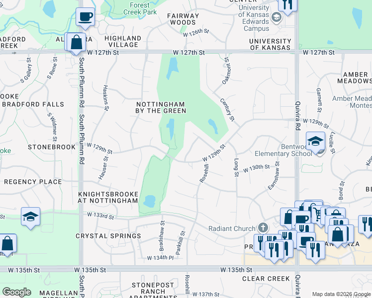 map of restaurants, bars, coffee shops, grocery stores, and more near 12872 Bradshaw Street in Overland Park