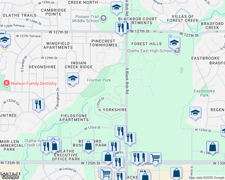 map of restaurants, bars, coffee shops, grocery stores, and more near 13105 Foxridge Drive in Olathe