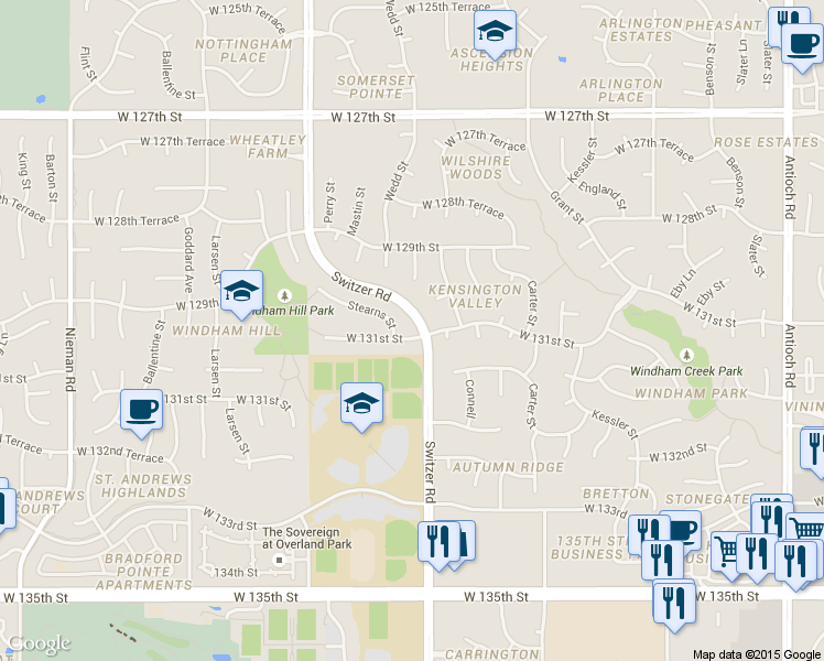 map of restaurants, bars, coffee shops, grocery stores, and more near 10300 West 131st Street in Overland Park
