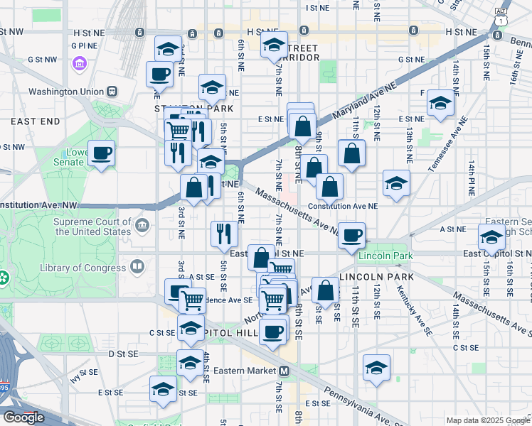 map of restaurants, bars, coffee shops, grocery stores, and more near 101 Independence Avenue Southeast in Washington