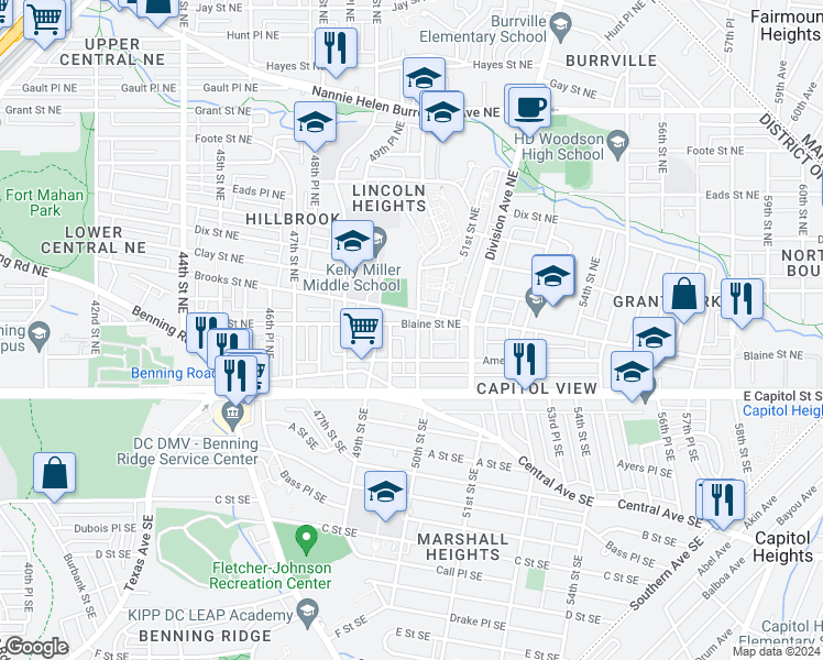 map of restaurants, bars, coffee shops, grocery stores, and more near 4951 Blaine Street Northeast in Washington