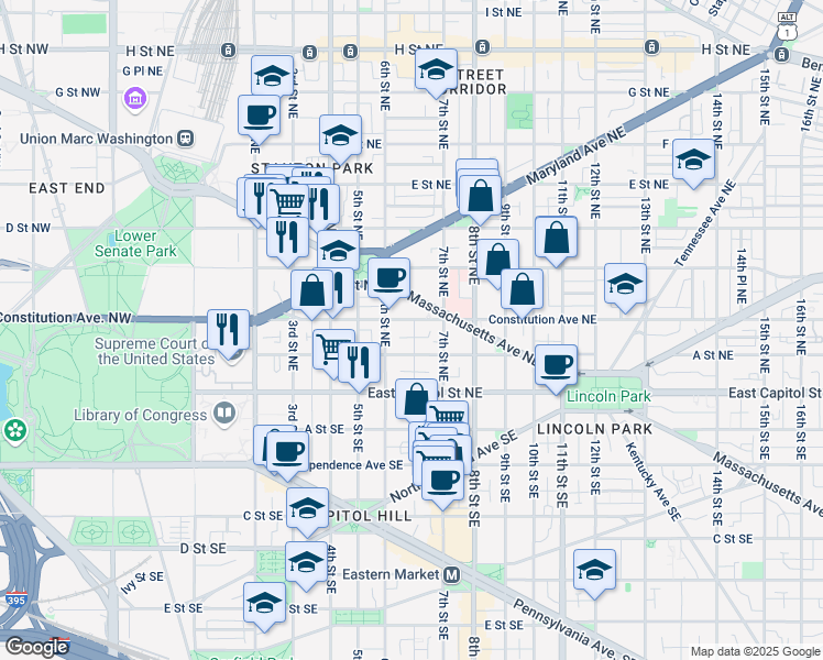 map of restaurants, bars, coffee shops, grocery stores, and more near 629 Constitution Avenue Northeast in Washington