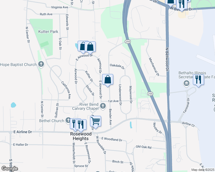 map of restaurants, bars, coffee shops, grocery stores, and more near 245 Bender Avenue in East Alton