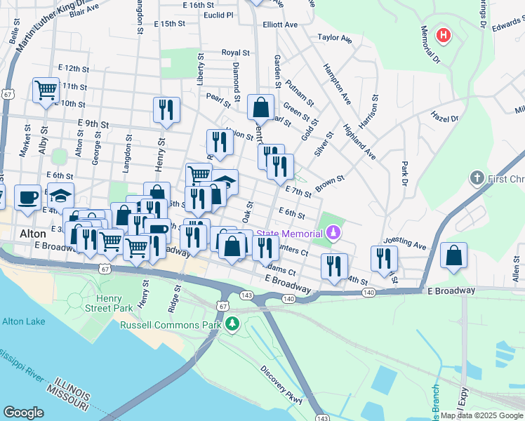 map of restaurants, bars, coffee shops, grocery stores, and more near 1021 East 6th Street in Alton