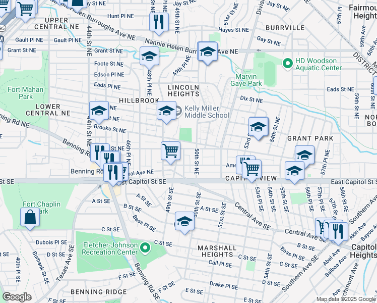 map of restaurants, bars, coffee shops, grocery stores, and more near 4941 Blaine Street Northeast in Washington