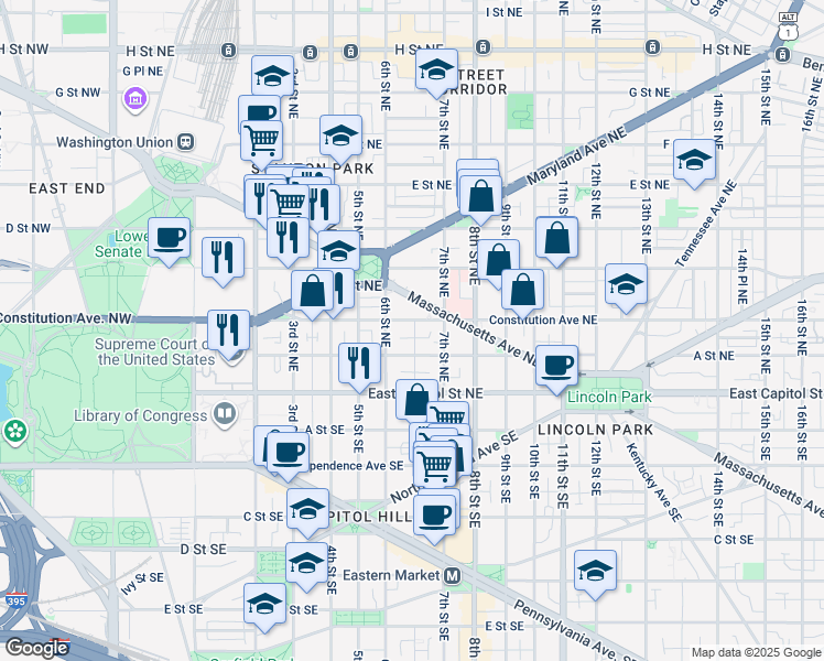 map of restaurants, bars, coffee shops, grocery stores, and more near 629 Constitution Avenue Northeast in Washington