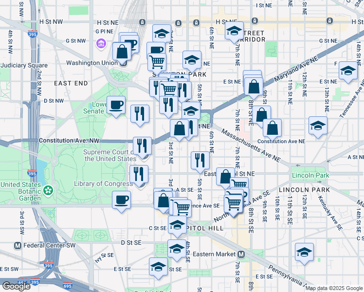 map of restaurants, bars, coffee shops, grocery stores, and more near 101 Independence Avenue Southeast in Washington