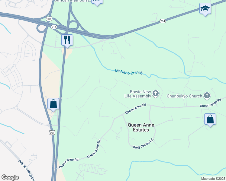map of restaurants, bars, coffee shops, grocery stores, and more near 116 Prospect Drive in Upper Marlboro