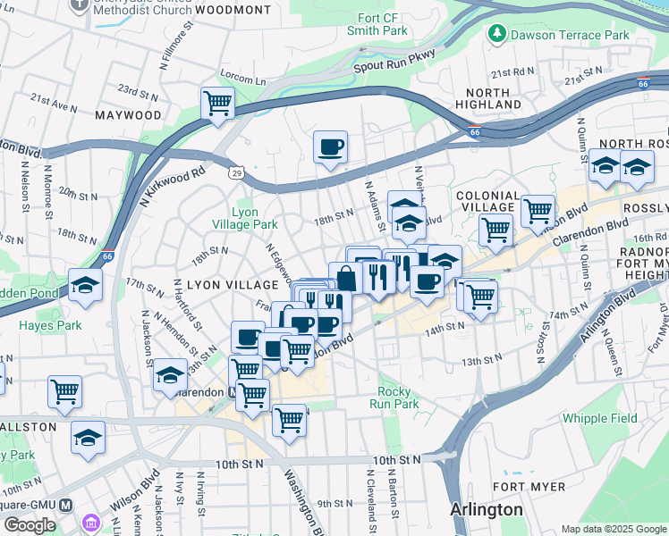 map of restaurants, bars, coffee shops, grocery stores, and more near 2909 16th Street North in Arlington