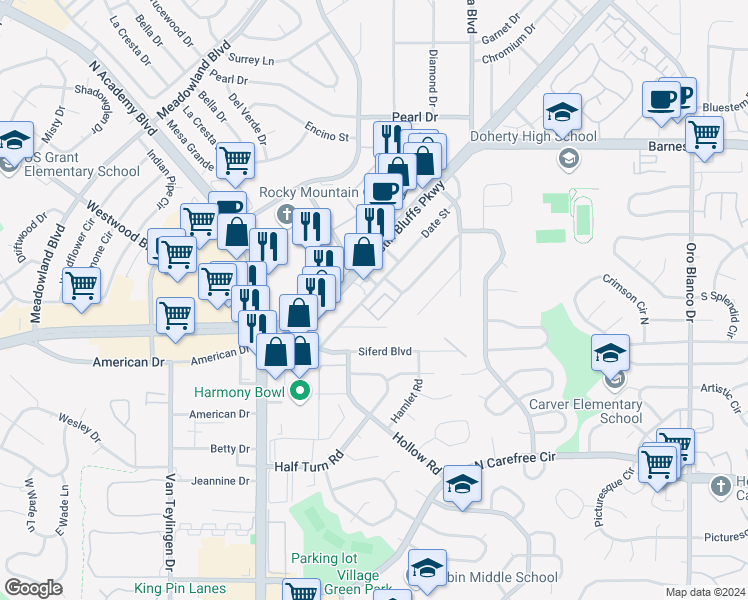 map of restaurants, bars, coffee shops, grocery stores, and more near 4122 Park Village Grove in Colorado Springs