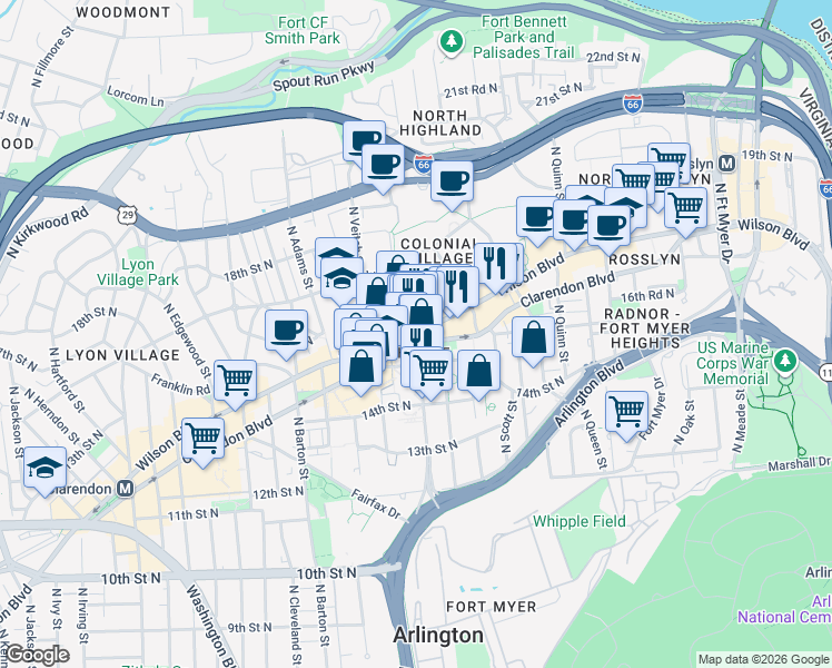 map of restaurants, bars, coffee shops, grocery stores, and more near North Courthouse Road in Arlington