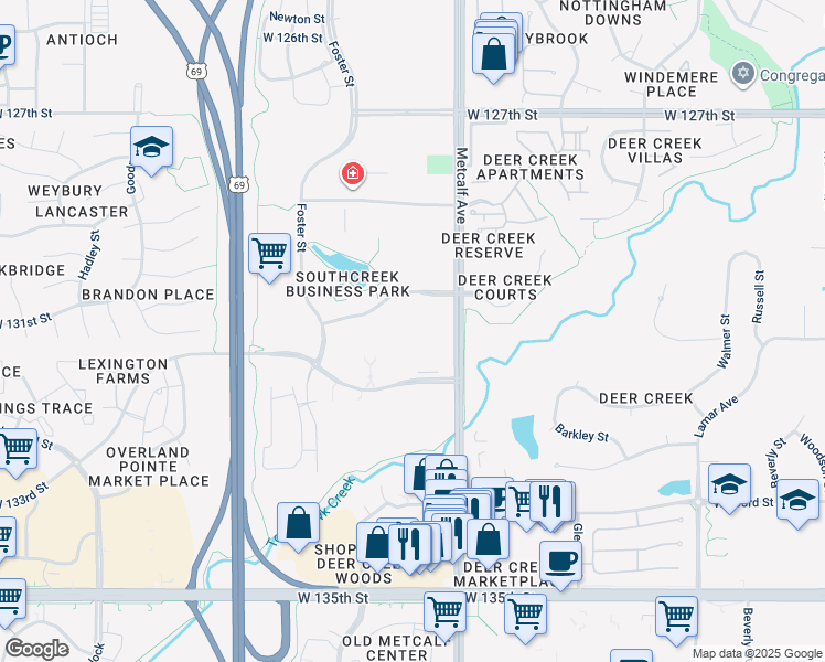 map of restaurants, bars, coffee shops, grocery stores, and more near 13060 Metcalf Avenue in Overland Park