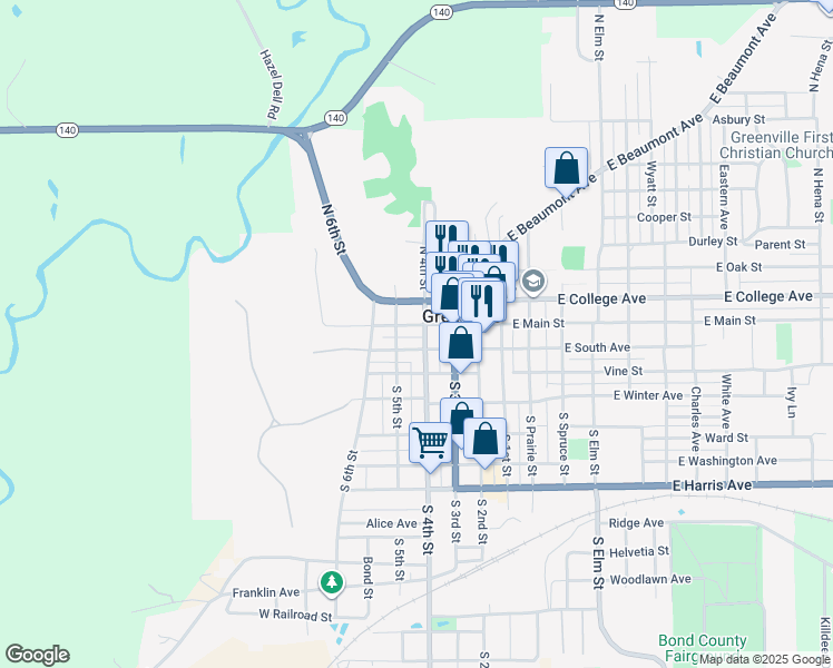 map of restaurants, bars, coffee shops, grocery stores, and more near 414 West Main Street in Greenville