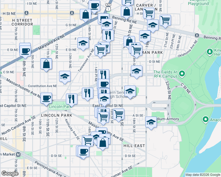 map of restaurants, bars, coffee shops, grocery stores, and more near 101 Independence Avenue Southeast in Washington