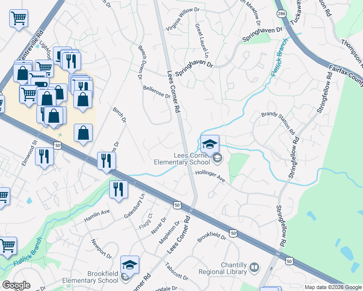 map of restaurants, bars, coffee shops, grocery stores, and more near 13501 King Charles Drive in Chantilly
