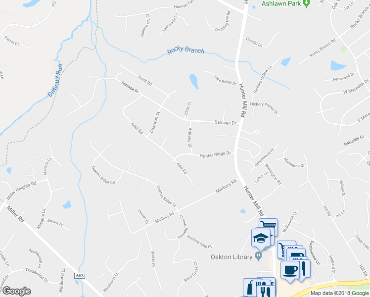 map of restaurants, bars, coffee shops, grocery stores, and more near 10412 Hunter Ridge Drive in Oakton