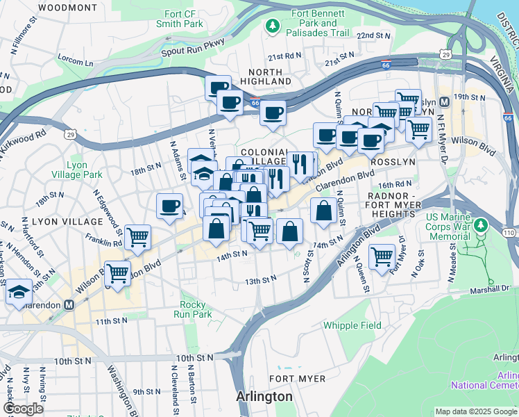 map of restaurants, bars, coffee shops, grocery stores, and more near 2025 Clarendon Boulevard in Arlington
