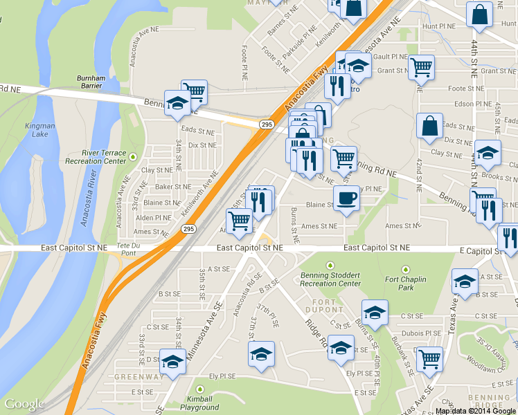 map of restaurants, bars, coffee shops, grocery stores, and more near 149 36th Street Northeast in Washington
